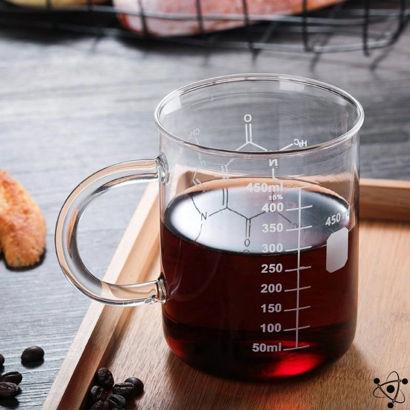 Glass Laboratory Beaker-Form Mug with Measurement Indicators and Caffeine Diagram