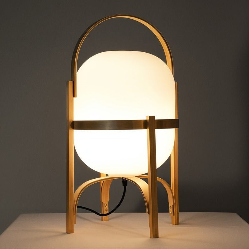 Mitsu Table Lamp: Steamed Wood Frame with Opal Glass Shade and LED Illumination