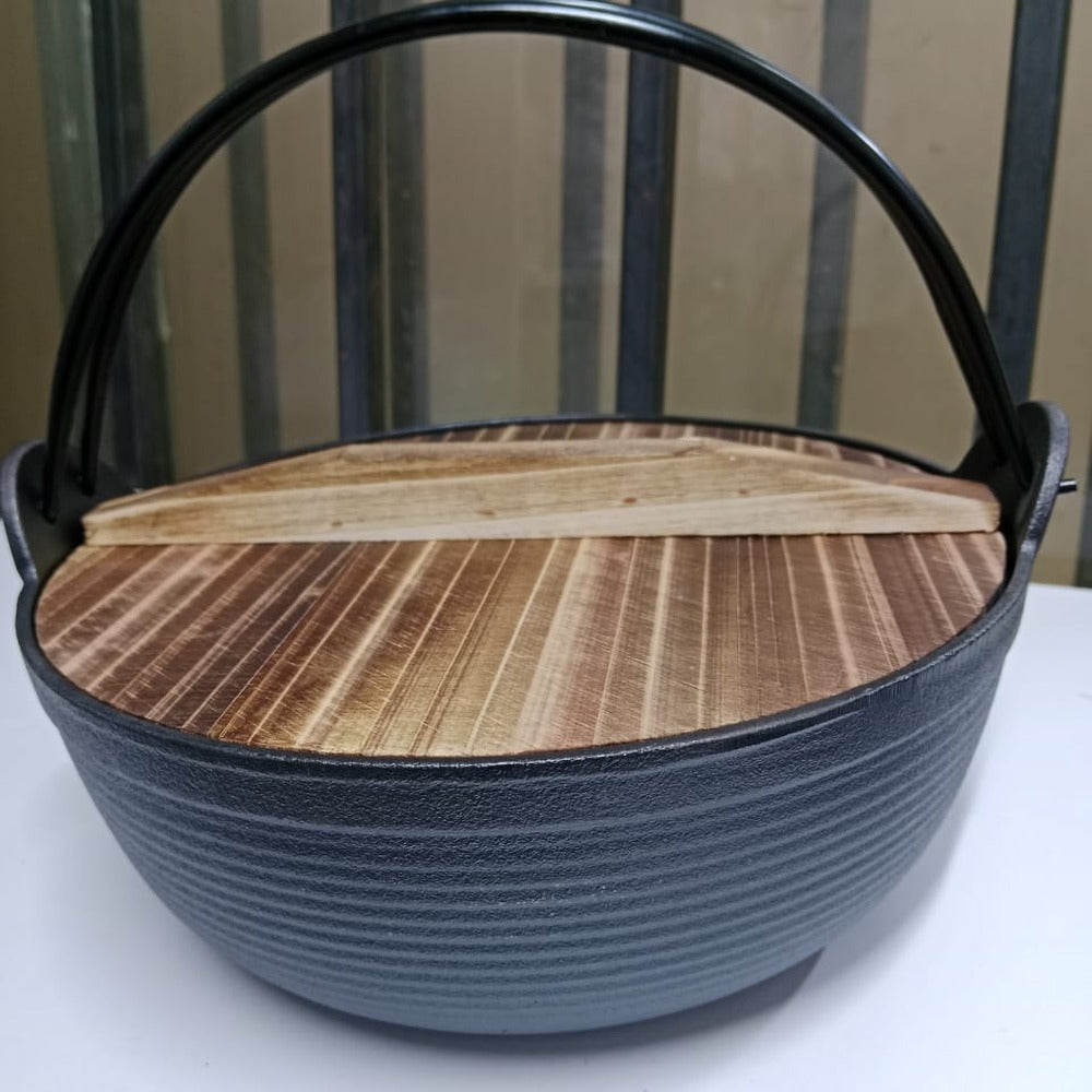 Opus Appliances | Pre-Seasoned Pure Cast Iron Wok with Flat Bottom and Wooden Lid