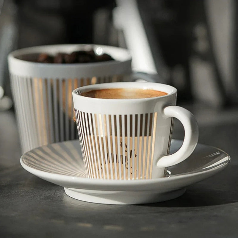 Porcelain Coffee and Tea Cup with Coaster in Three Designs, Two Finishes, and Two Sizes