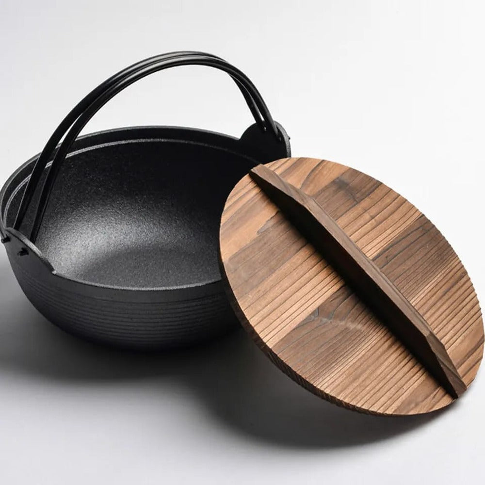 Opus Appliances | Pre-Seasoned Pure Cast Iron Wok with Flat Bottom and Wooden Lid